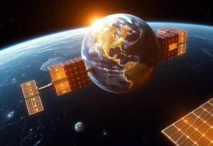 Illustration of solar-powered data centers orbiting Earth in space