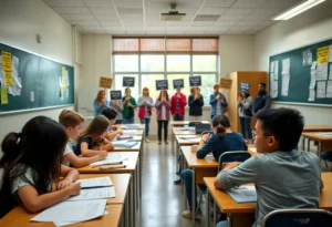 Students in a classroom with a group outside protesting