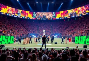 A colorful and dynamic Super Bowl halftime show stage showcasing various performances.