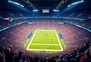 Fans cheering in a stadium for Super Bowl LX