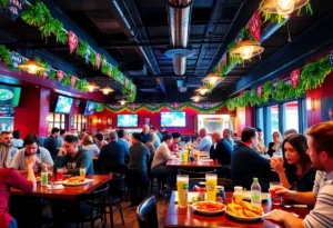 Patrons enjoying food and drinks during Super Bowl Sunday at Legacy Restaurant & Lounge