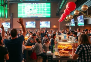 Scene from the Super Bowl watch party with fans, food and decorations.