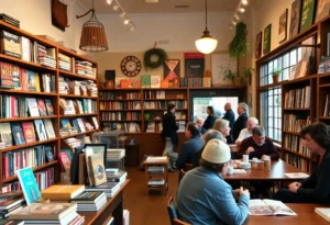 People enjoying drinks and reading books in The Book Cellar café.