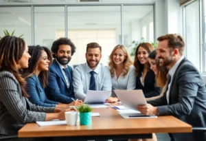 Diverse team of real estate agents collaborating in an office setting