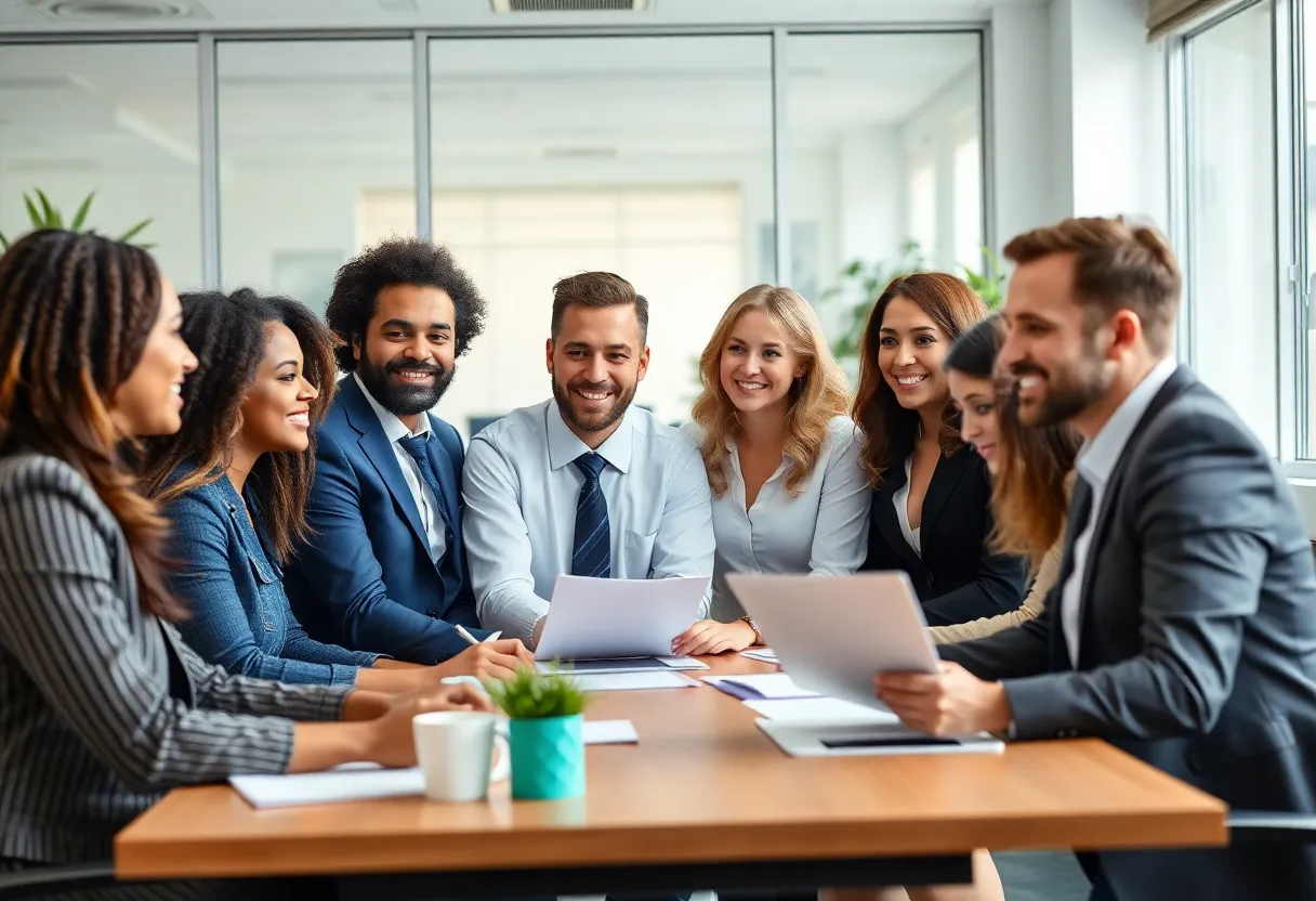 Diverse team of real estate agents collaborating in an office setting