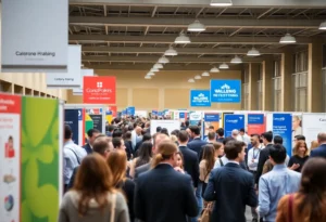 Job seekers networking with employers at the Tri-Base Job Fair at the University of North Florida.
