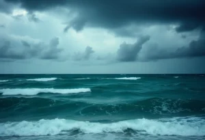 Stormy Gulf of Mexico with dark clouds and rough waves from Tropical Storm Debby.