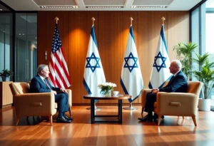A diplomatic meeting representing U.S.-Iran negotiations with flags in the background.