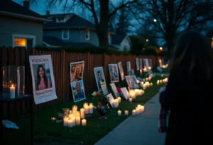 Community vigil for missing person with candles and hope signs.