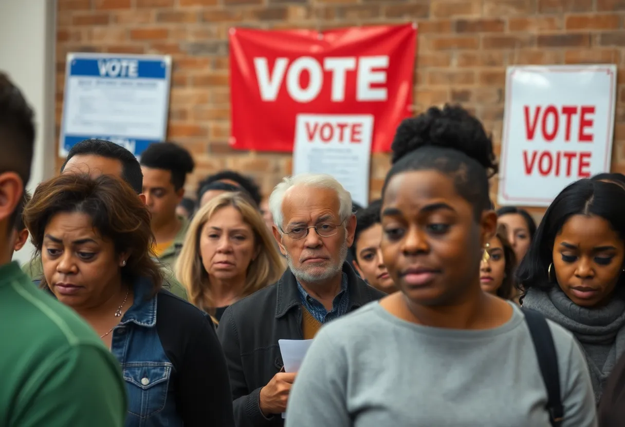 Diverse group of voters displaying confusion at polling station