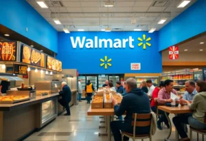 Customers enjoying in-store dining at Walmart, featuring a variety of food options.
