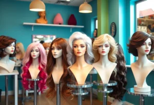 A collection of beautifully styled wigs on display at a charity event for women with cancer.
