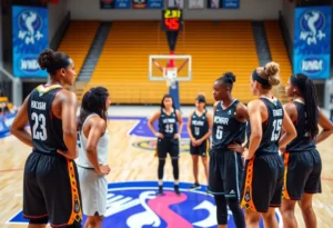 WNBA players discussing negotiations on a basketball court