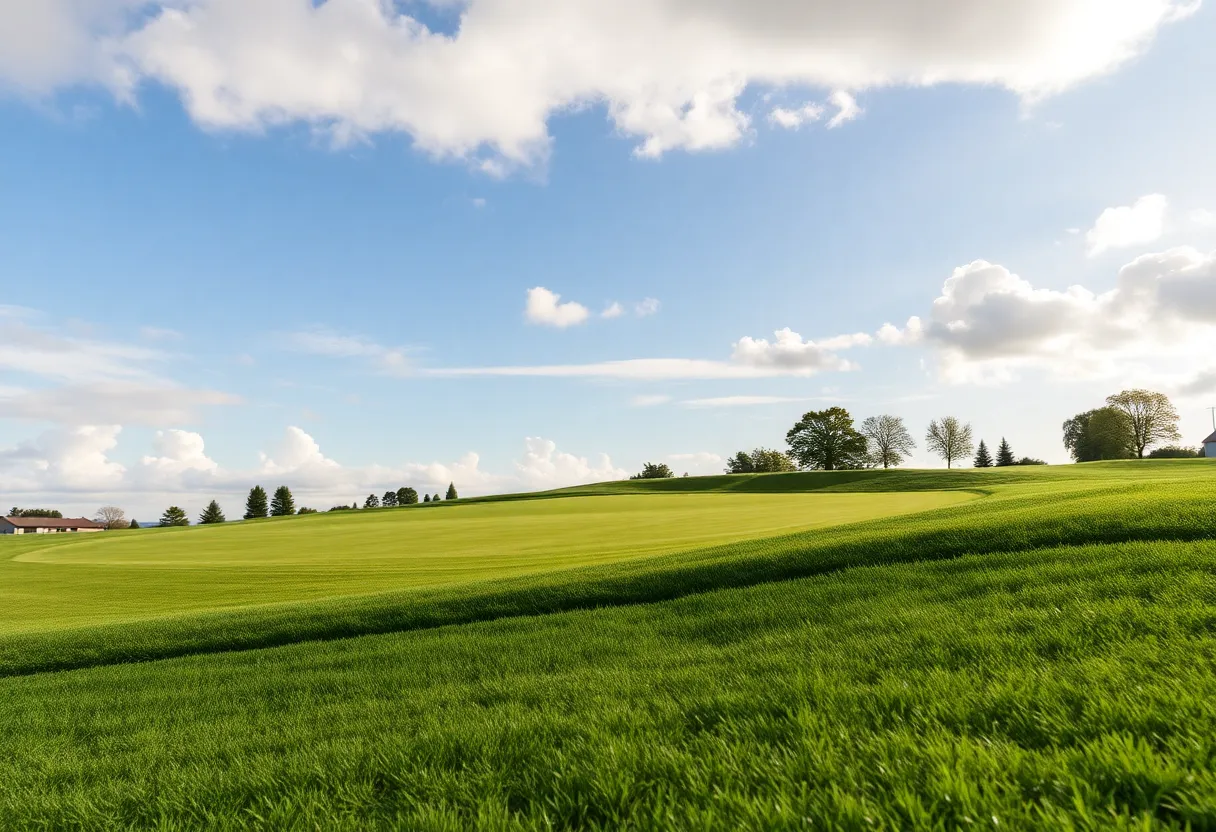 Close up of a beautiful golf course with well-maintained grass and a clear sky.