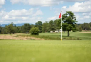 Close up of a beautiful golf course with lush green grass and an iconic hole.
