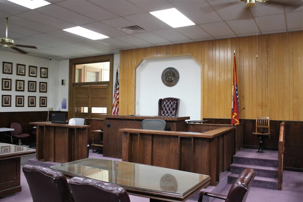 Empty courtroom with judge bench