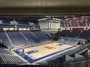 Indoor basketball court with hardwood floor